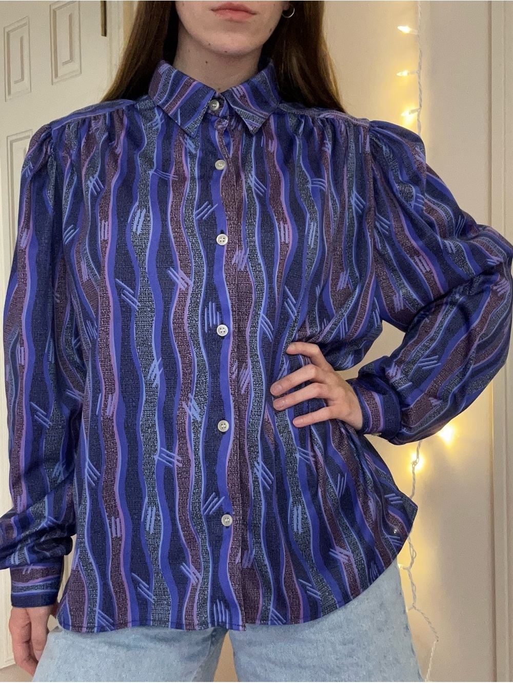 Vintage Blue and Purple Button Up Blouse